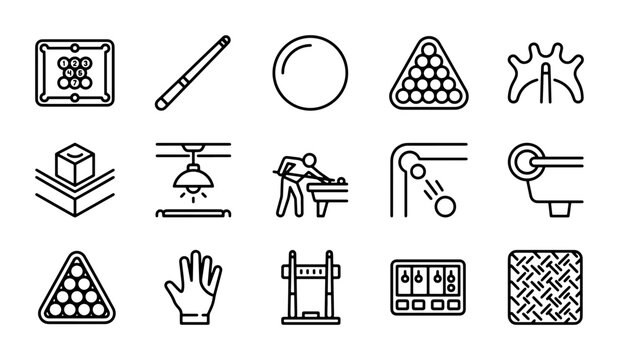 Billiard Icons Set, Pool Game Vector Graphics, Sports Equipment Line Art Collection