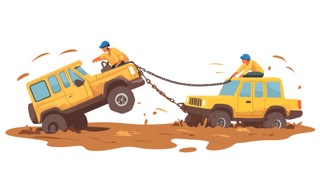 Two yellow jeeps stuck in mud with two men pulling one out