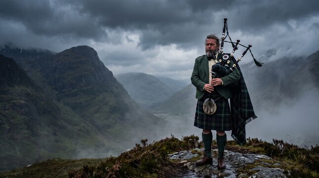 Scottish man in traditional kilt playing bagpipes on misty highlands