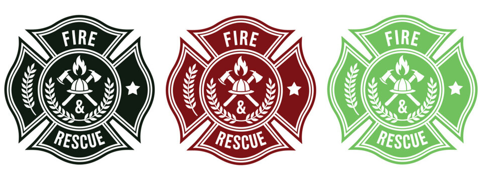 firefighter maltese cross emblem vector illustration with rescue icon, emergency services badge, public safety symbol, firefighting department insignia, first responder shield, professional emergency 