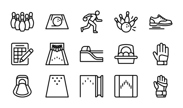 Bowling Icons Set: Pins, Ball, Player, Lane, Scorecard, Shoes, Glove, Vector Graphics