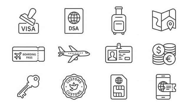 Collection of global travel and payment method icons for financial services.