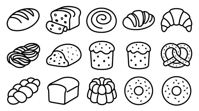 Collection of hand-drawn bakery items and bread types illustration set.
