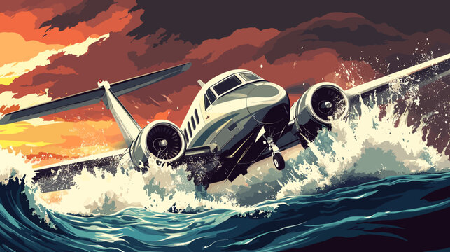 A vintage aircraft flying low over turbulent ocean waters at sunset