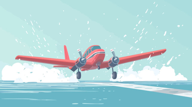 A small red twin-engine propeller airplane taking off from water on a clear day