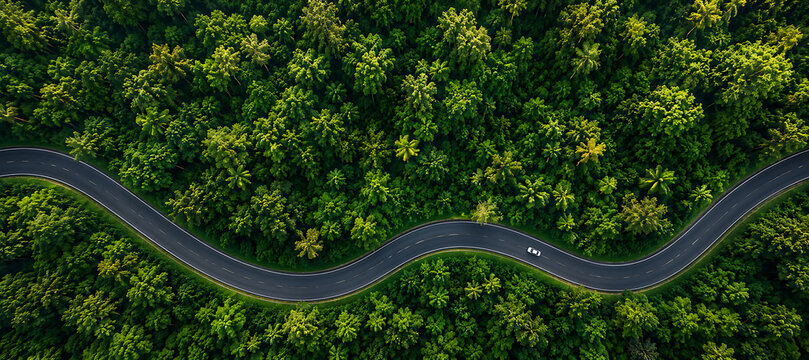 Top view aerial panorama of winding highway through dense tropical rainforest highlighting sustainable transportation and conservation