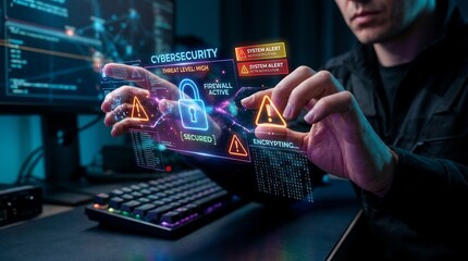 Fototapeta premium Cybersecurity expert interacting with futuristic digital interface, hacker using holographic data screen for network protection, high-tech security concept