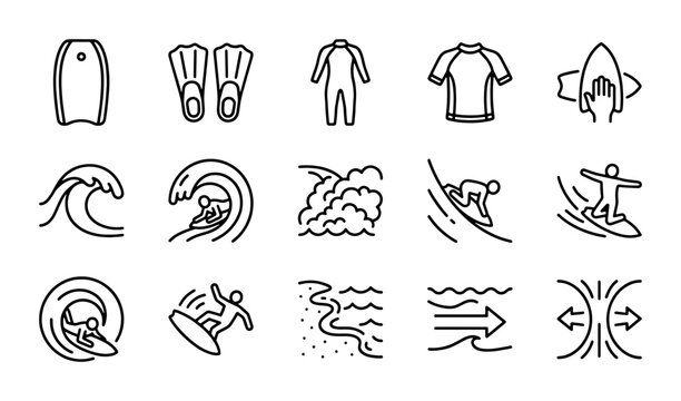 Surfing and Water Sports Icons Set: Waves, Boards, and Gear Vector Graphics