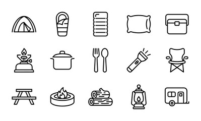 Fototapeta premium Camping Icons Set: Tent, Sleeping Bag, Lantern, Picnic Table, Campfire, Trailer, 15 Elements