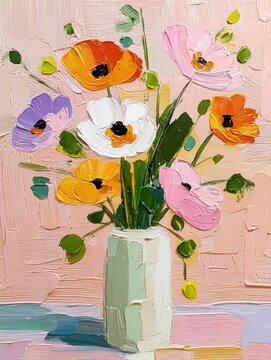 Bright bouquet of flowers in vibrant colors, textured brush strokes, lively composition showcasing nature's beauty