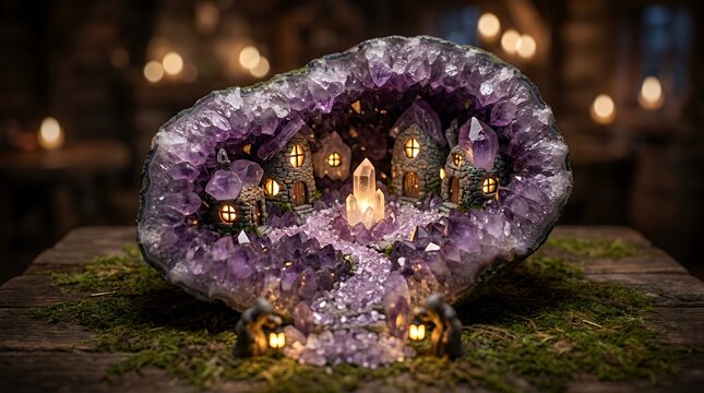Miniature village carved inside purple amethyst geode.