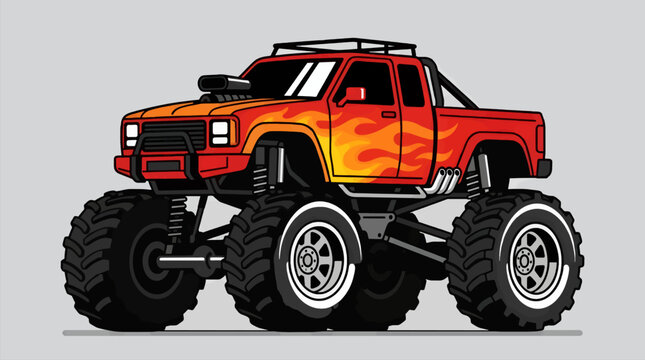 Flat Vector Illustration of a Red Monster Truck with Flame Graphics, Front 3/4 View, Large Off-Road Tires, and Chrome Exhaust Pipes, Isolated on a Light Gray Background