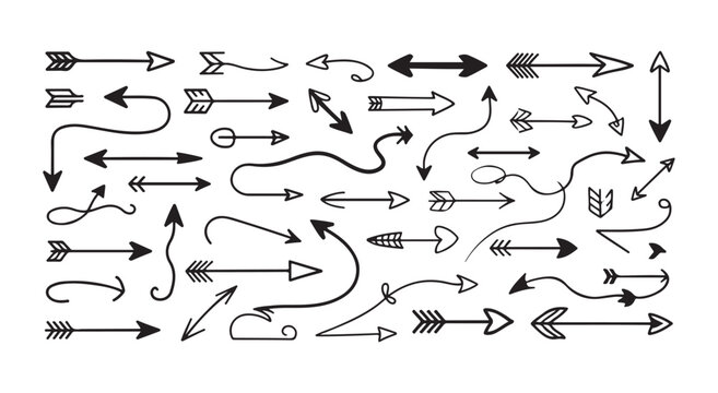Comprehensive collection of thin line hand drawn arrow illustrations with unique tails and heads in vector.