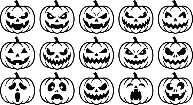 Collection of 15 unique black and white halloween pumpkin faces