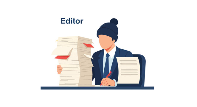 Male editor working at desk with tall stack of papers.