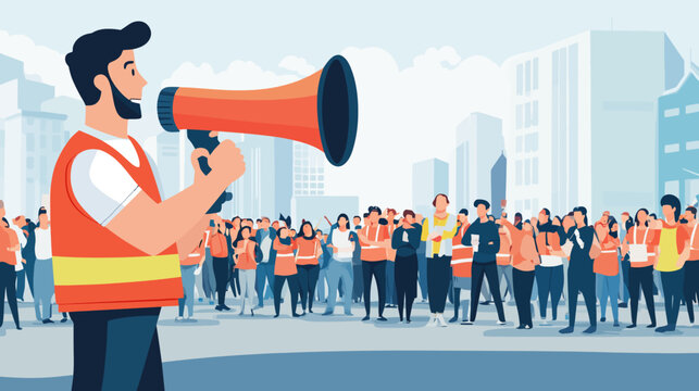 Man with beard in safety vest addresses crowd with megaphone in city