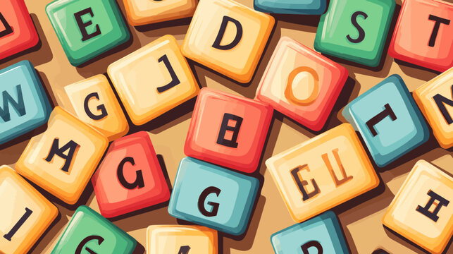 Colorful alphabet tiles with scattered arrangement on a wooden surface