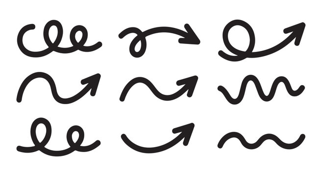 A minimalist collection of black hand-drawn doodle arrows with various looping, wavy, and curved line styles.