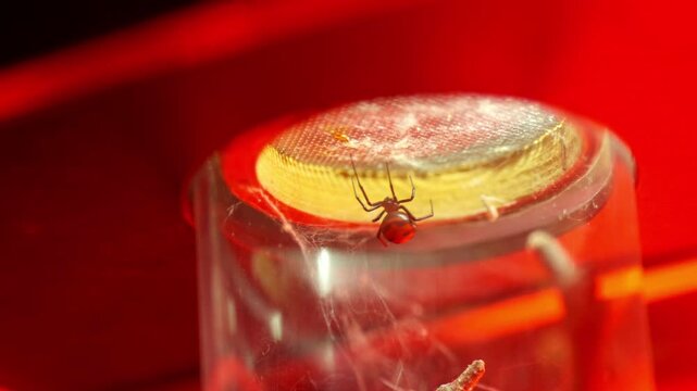 Venomous black widow spider crawling in captivity