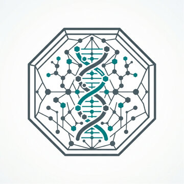 Synthetic genomics and bio engineering octagon crest with linear DNA wireframe patterns