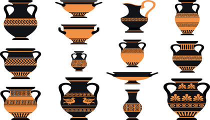 Ancient Greek Pottery Vector Icon Set Featuring Terracotta Amphoras, Antique Vases, and Black Figure Ceramic Vessels with Traditional Meander Key Ornaments © Lutfar