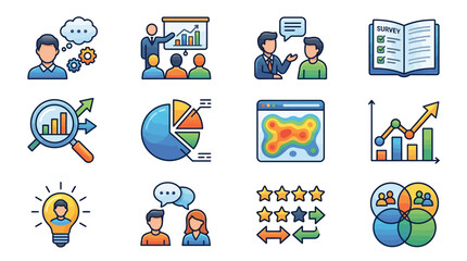 Fototapeta premium Sleek Colorful Illustrations of Market Research Data Analysis and Customer Feedback Concepts with Icons