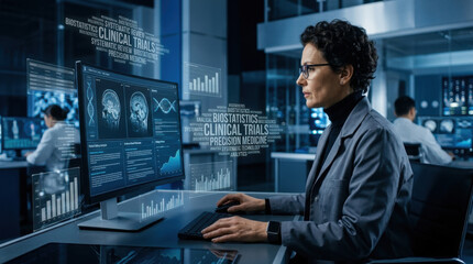 Fototapeta premium Medical Researcher Analyzing Data With Advanced Technology Displays In Modern Laboratory