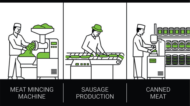Industrial meat processing factory vector illustration set depicting mincing machines sausage production and canned food manufacturing lines.