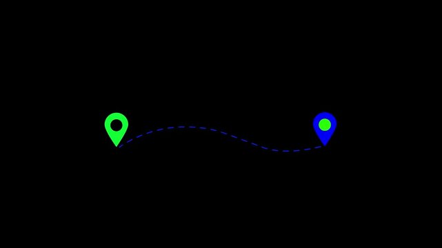 Blue Curved GPS Route with Location Pins Animation on Black Background