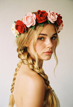 Portrait of a woman with a crochet flower crown and braid