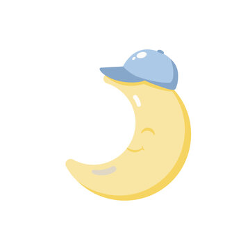 Cute crescent moon character wearing a light blue baseball cap with a happy smiling face isolated on a plain white background, for nighttime