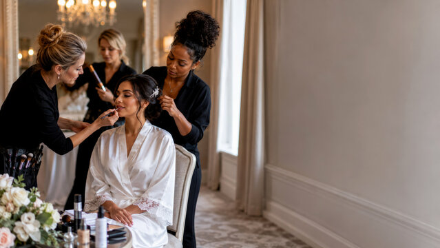Bridal makeup artist and hairstylist preparing beautiful bride in luxury hotel suite before wedding ceremony, professional beauty team creating elegant bridal look, concept of wedding, beauty