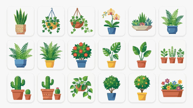 Dynamic Collection of Colorful Potted Plants and Hanging Indoor Greenery for Home Decoration with high quality professional line art symbols for modern creative design and digital branding projects