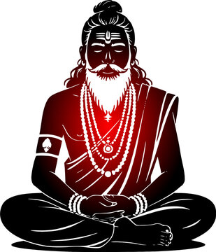 Indian sage rishi or yogi meditating in cross legged lotus position featuring traditional tilak and rudraksha malas elegant red and black gradient vector illustration on a white background.