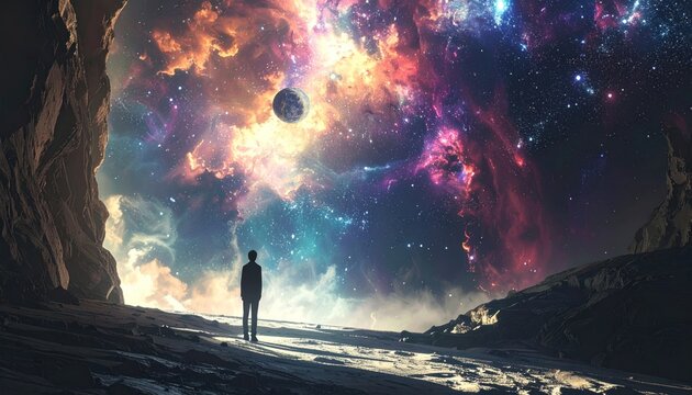 A lone figure gazing at a vibrant nebula and planet from a rocky landscape opening