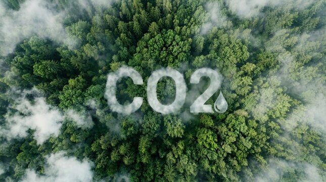 CO2 carbon footprint forest climate change sustainability environment aerial view of a lush green canopy with misty text representing carbon sequestration and ecology concepts.