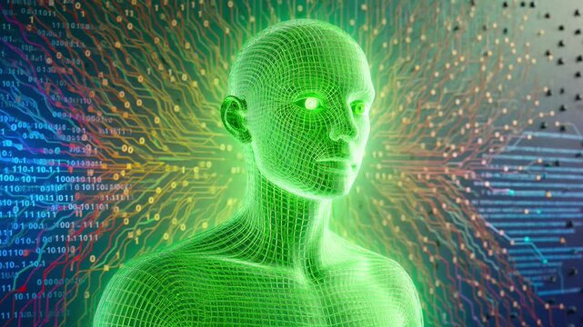 Ai humanoid avatar with glowing digital neural network and binary data stream background