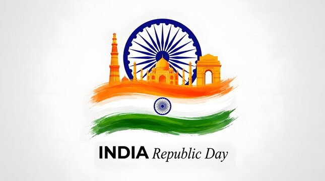 India republic day celebration with iconic landmarks and national flag colors on white background