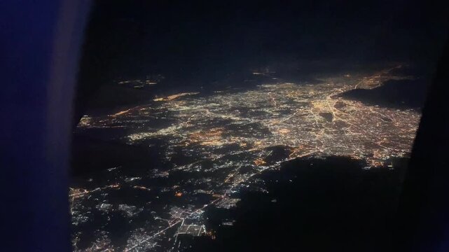 Night city view from airplane