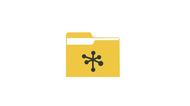 Flat vector data storage animation with yellow folder opening to show network connection node icon