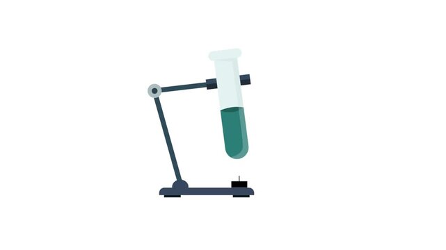 Flat vector science laboratory animation with chemistry test tube on stand being heated by bunsen burner