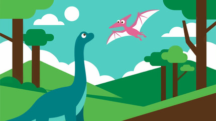 Flat Vector Illustration of a Teal Long-Necked Dinosaur Looking Up at a Pink Pterodactyl Flying in a Green Landscape with Trees and Clouds © Zidan