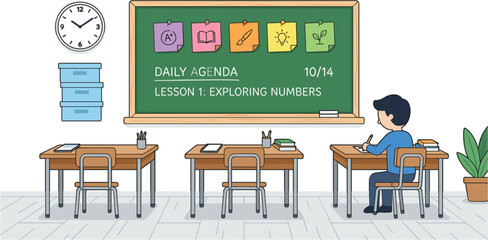 Elementary school classroom interior with student studying at desk near blackboard showing daily agenda lesson flat vector illustration © MST