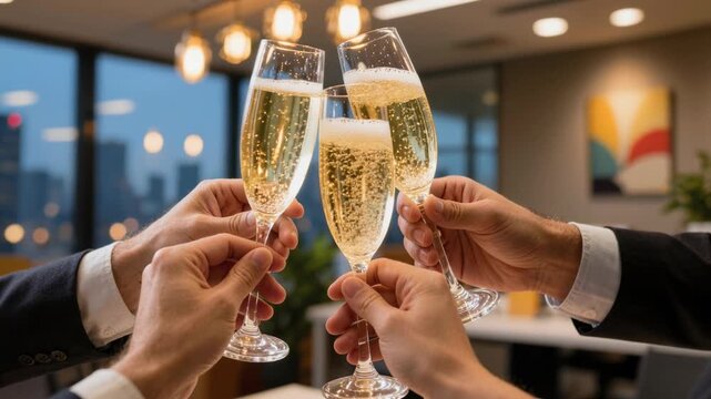 Champagne Toast Celebration Glasses Hand Office Business Meeting Success Party Social Sparkling Wine Cheers