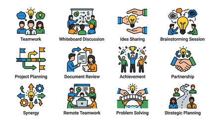 Fototapeta premium Clean Colorful Illustrations of Team Collaboration Concepts with Icons Lightbulbs and Handshakes for Business Workflow