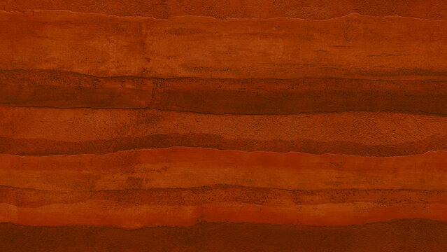 Rammed earth wall background texture with horizontal layer patterns, natural terracotta orange clay soil surface backdrop, rustic linear sand plaster building facade material closeup architectural des