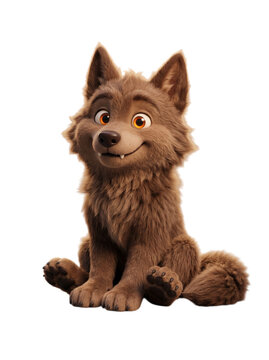 Vertical cute little brown wolf pup sitting 3d cartoon character