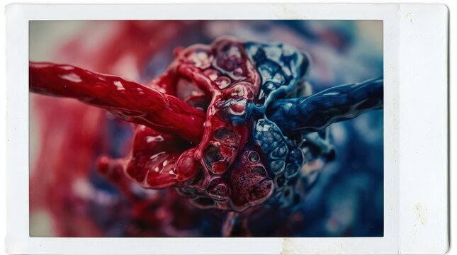 Abstract Intertwining of Red and Blue Viscous Fluids in CloseUp Macro View
