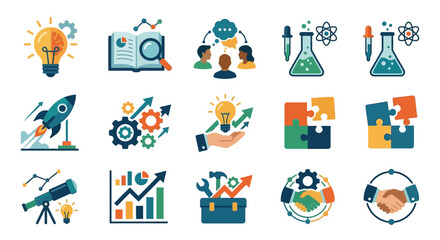Fototapeta premium Industrial Icons Set Showcasing Innovation Science Collaboration and Growth with Bright Colors and Modern Design