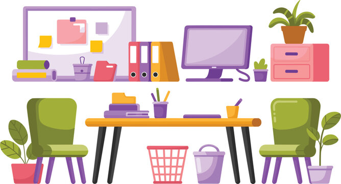 Colorful office icon set with desk chairs computer monitor notice board and stationery elements vector cartoon illustration